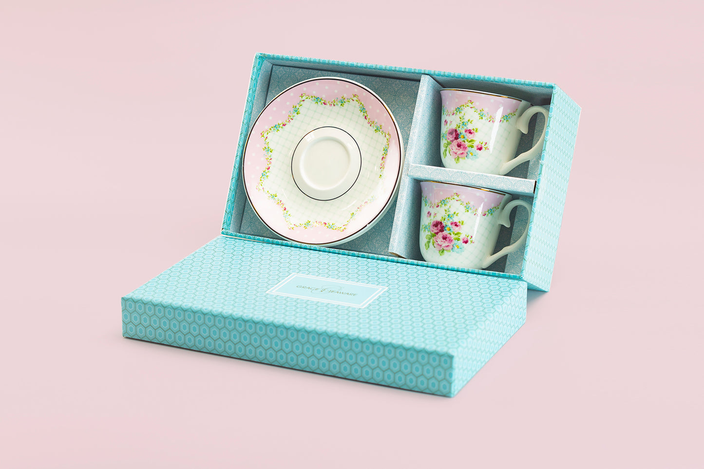 Pink Ashley Rose 2.7oz Espresso Cups and Saucers with Gift Box