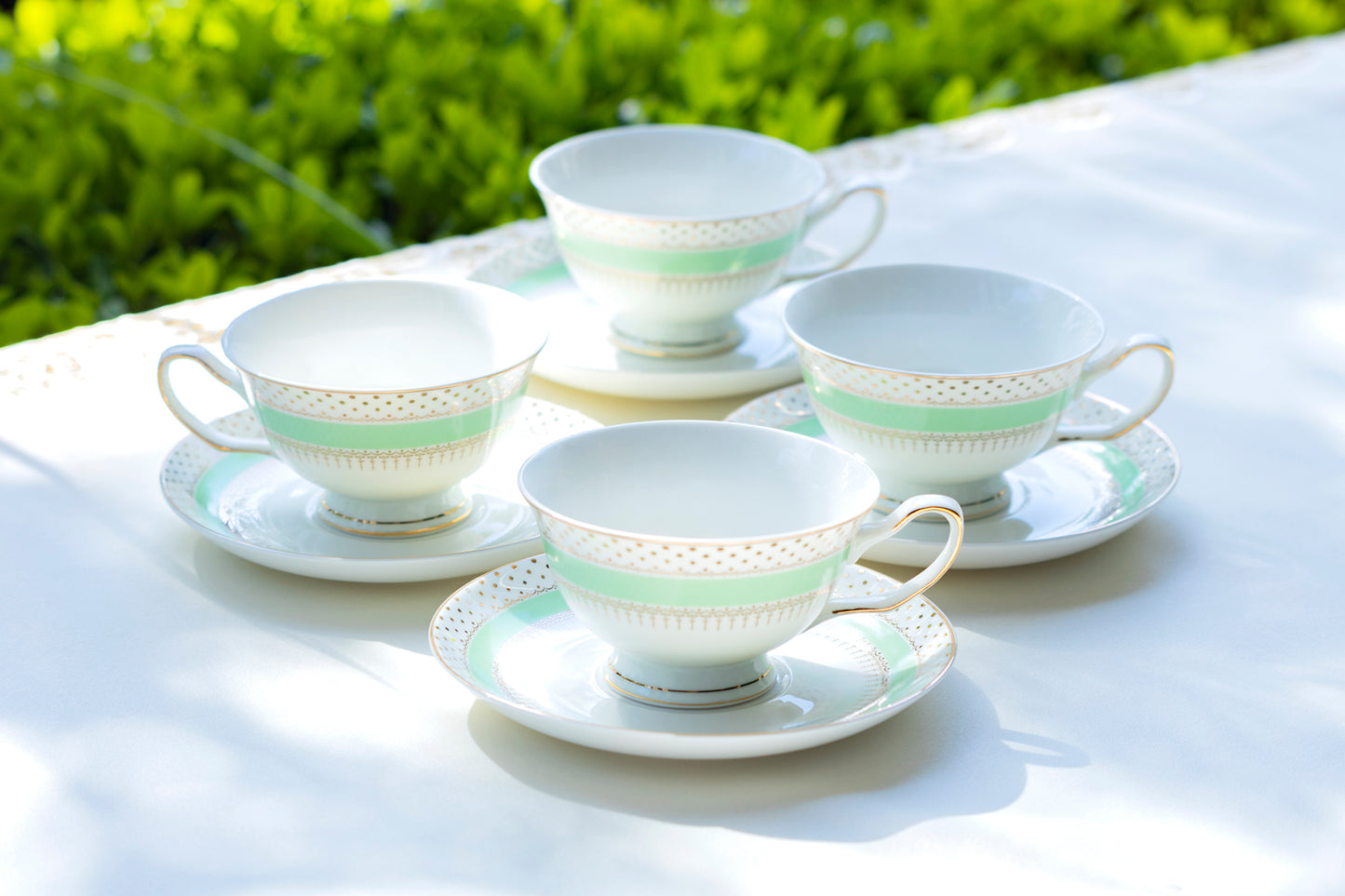 Mint Stripe with Gold Dots Fine Porcelain Tea Cup and Saucer