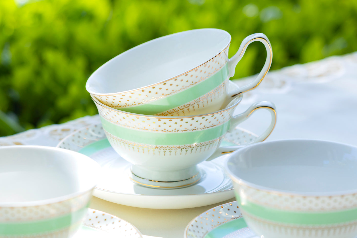 Grace Teaware Mint Stripe with Gold Dots Fine Porcelain Tea Cup and Saucer