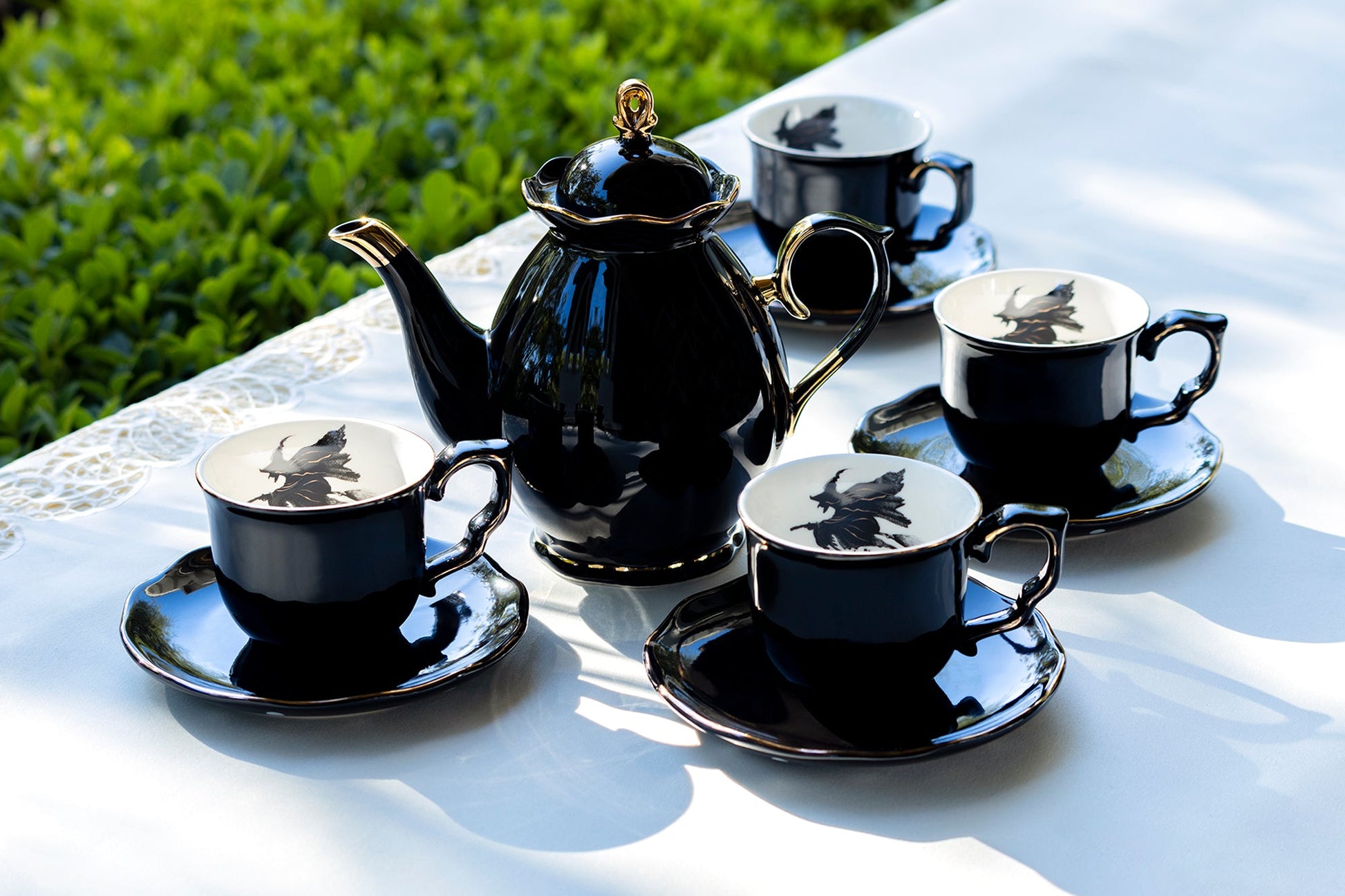 Grace Teaware Black Gold Scallop Teapot + 6 Assorted Halloween Tea Cup and Saucer Sets Hand Painted Gold Trim
