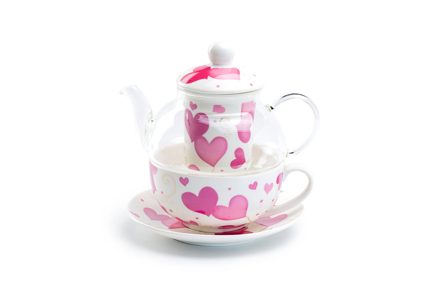 Grace Teaware Pink Hearts Glass Fine Porcelain Tea For One