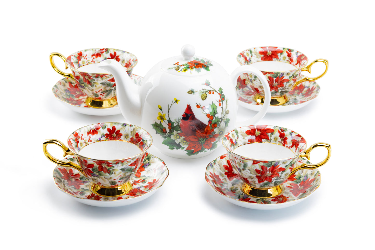 Stechcol Gracie Bone China Cardinal Poinsettia Chintz Gold 9-piece Tea Set