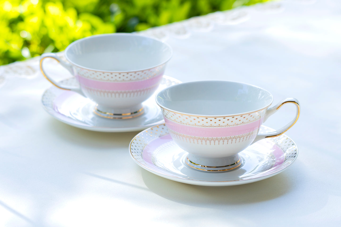 Pink Stripe with Gold Dots Fine Porcelain Tea Cup and Saucer