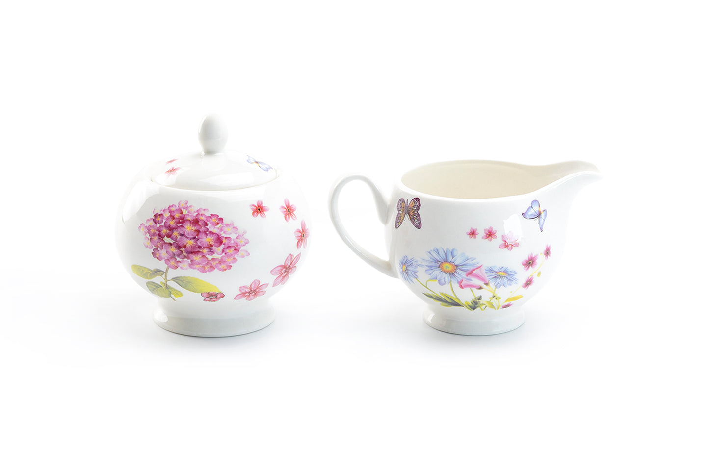 Grace Teaware Hydrangea Garden Butterfly Fine Porcelain Sugar & Creamer Set