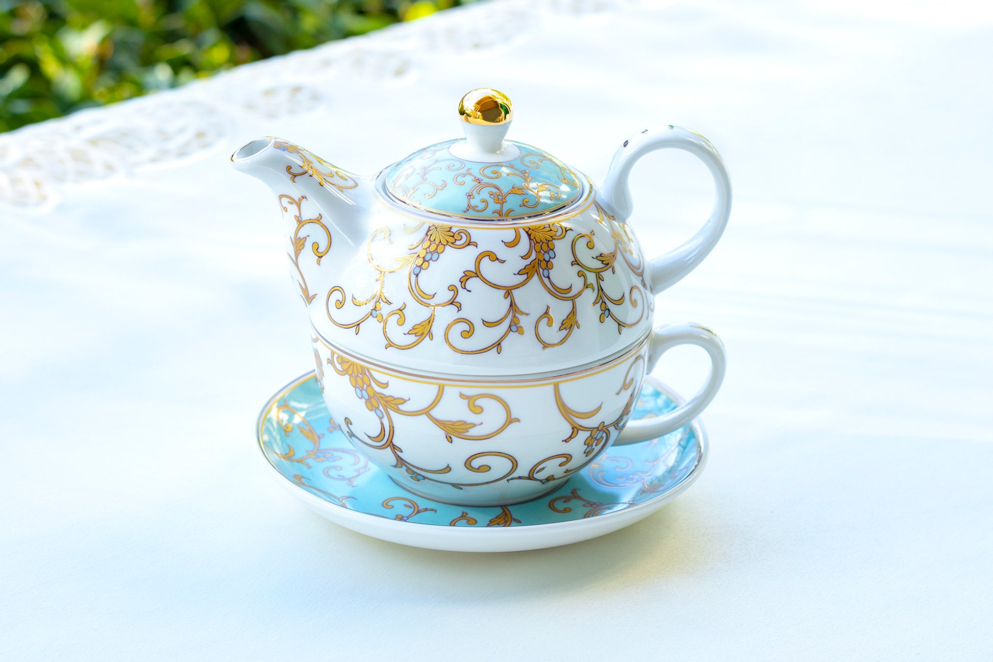 Grace Teaware Mint Blue Gold Scroll Fine Porcelain Tea For One Set