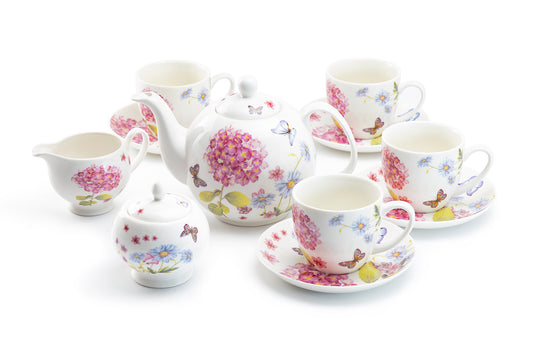 Grace Teaware Hydrangea with Butterflies Fine Porcelain Tea Set teapot sugar creamer tea cups
