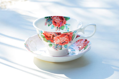 Stechcol Gracie Bone China Red Rose Garden Bone China Tea Cup and Saucer Set of 1