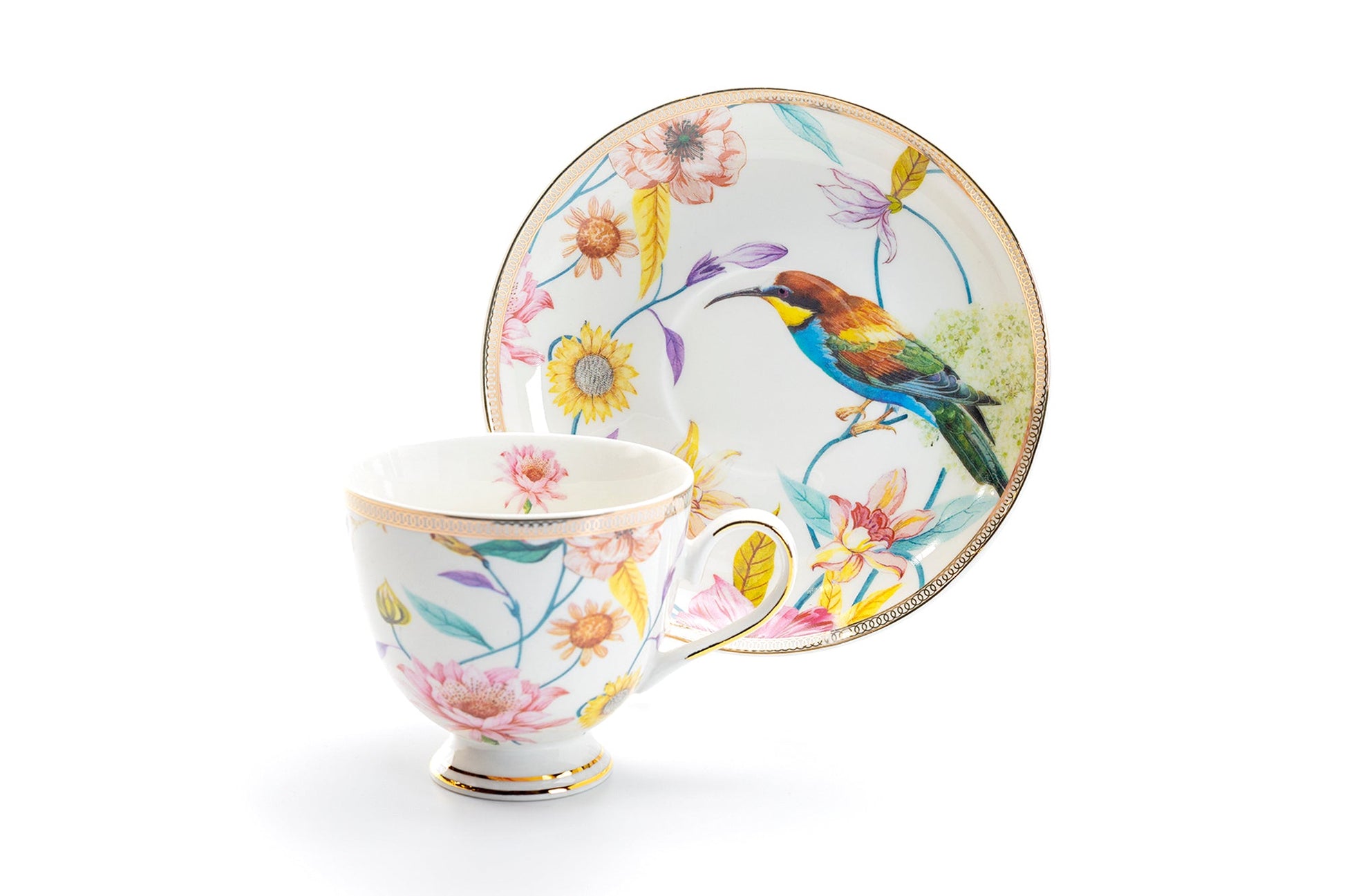 Grace Teaware White Spring Flowers with Hummingbird Fine Porcelain Tea Cup and Saucer