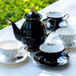 Black Gold Scallop Teapot + 4 Assorted Halloween Tea Cup and Saucer Sets - Arsenic Skull & Spider