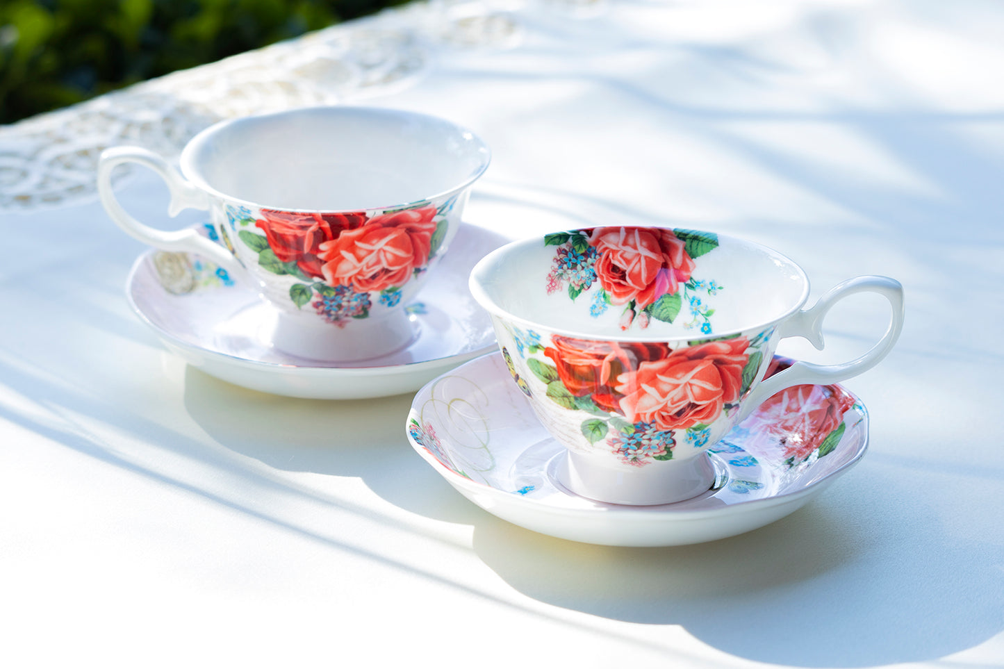 Stechcol Gracie Bone China Red Rose Garden Bone China Tea Cup and Saucer Set of 2