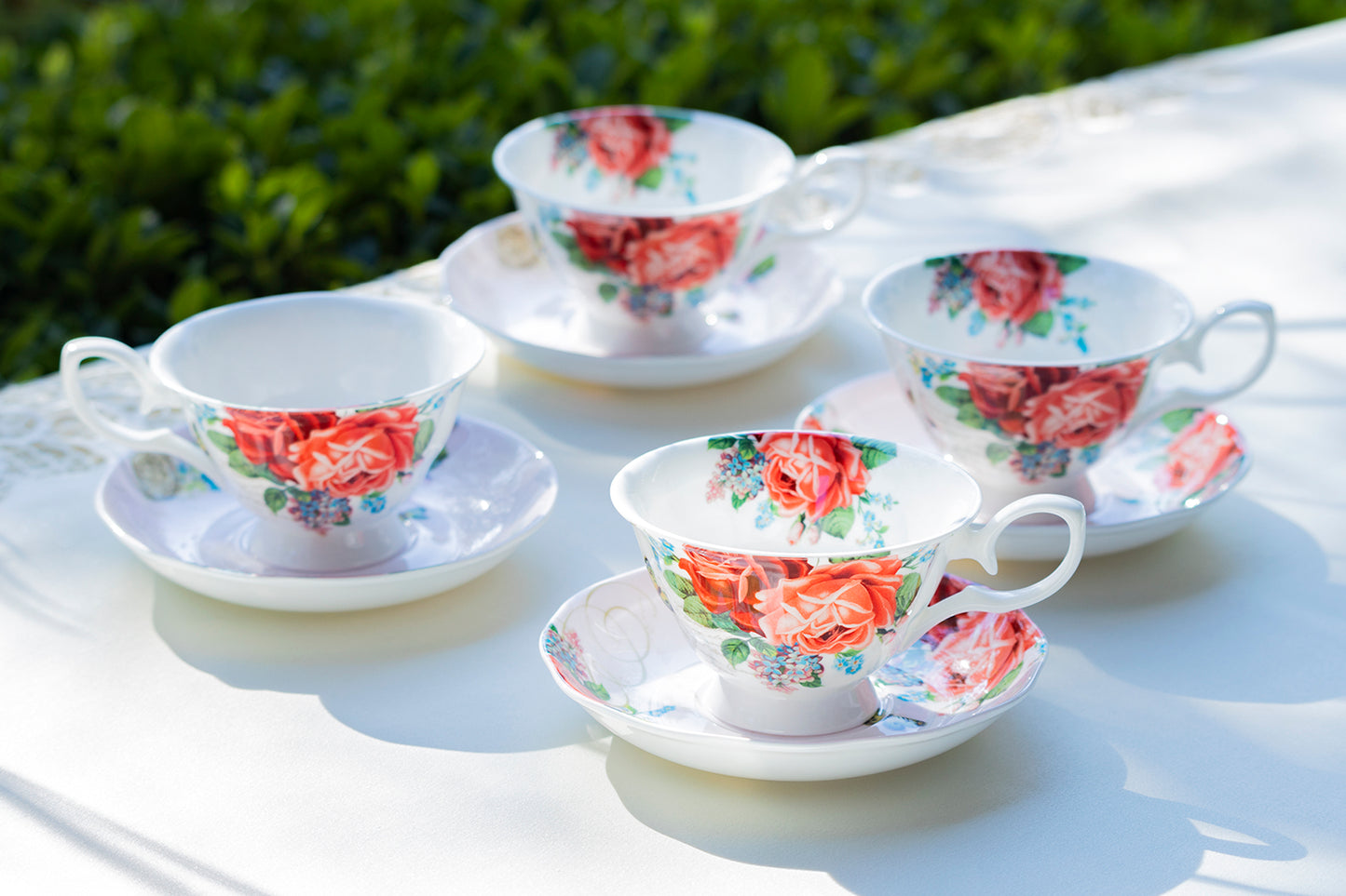 Stechcol Gracie Bone China Red Rose Garden Bone China Tea Cup and Saucer Set of 4