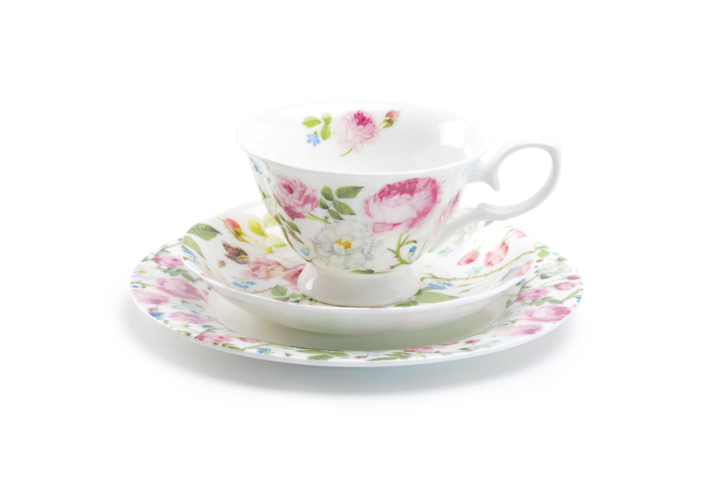 Pink Roses Bone China Tea Cup and Saucer + Dessert Plate Set