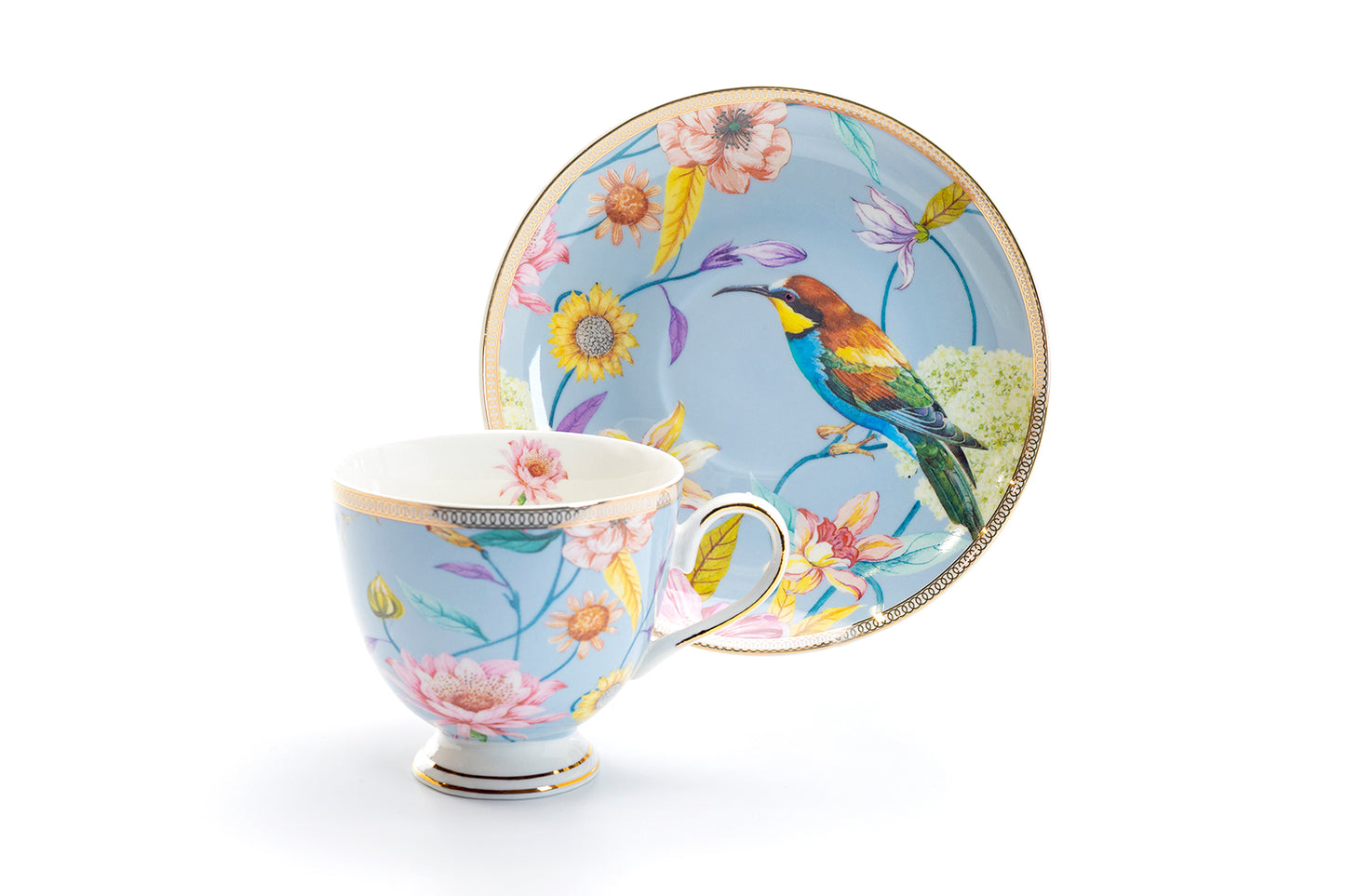 Grace Teaware Blue Spring Flowers with Hummingbird Fine Porcelain Tea Cup and Saucer