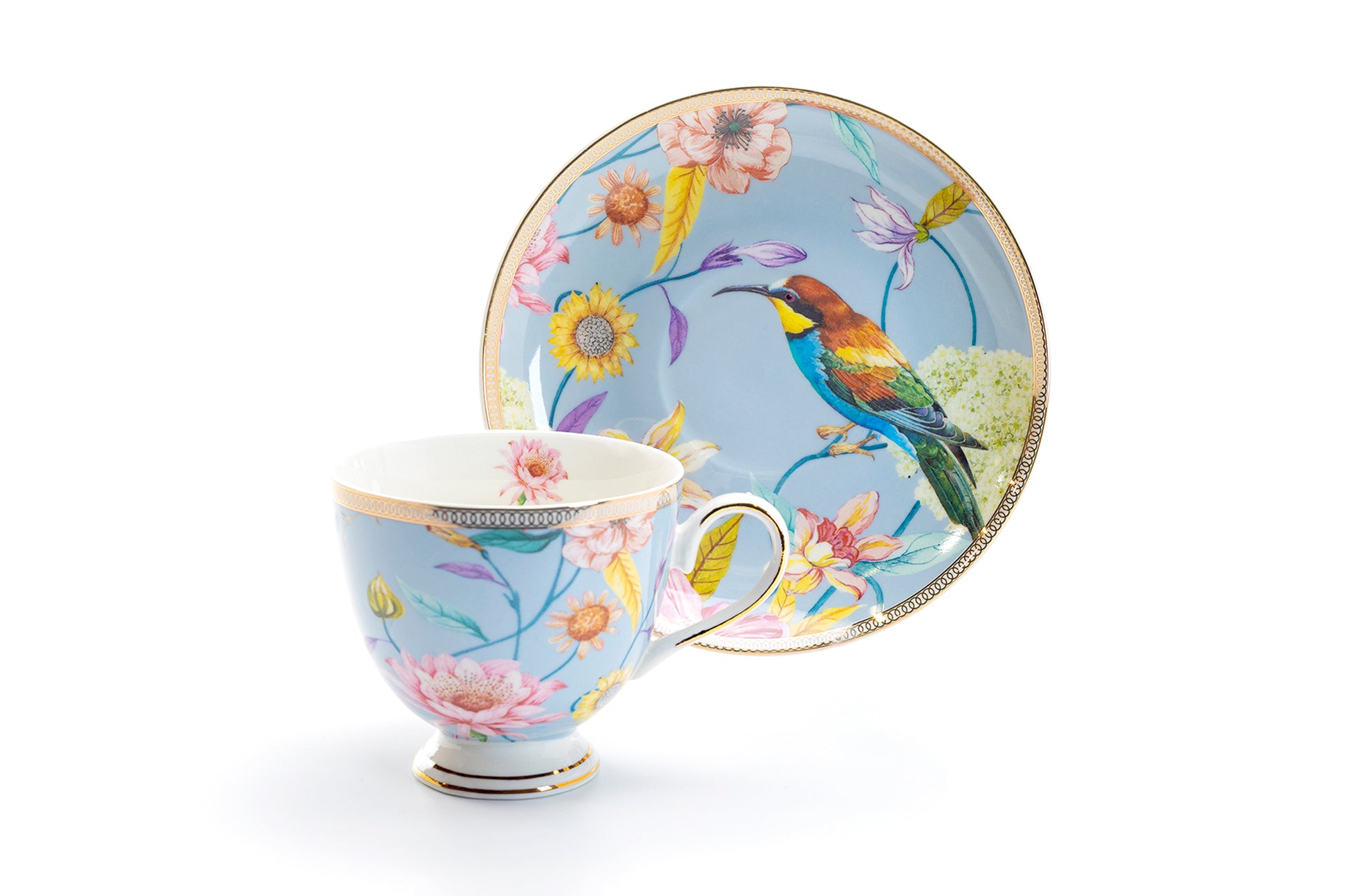 Spring Flowers with Bird Fine Porcelain Latte Cup and Saucer, Set of 1 (1 Cup with 1 Saucer)