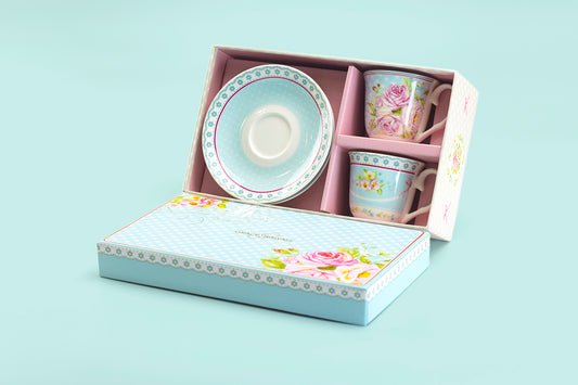 Mint Ashley Rose 2.7oz Espresso Cups and Saucers with Gift Box