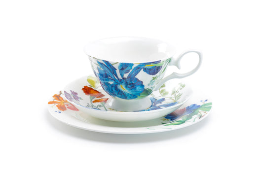 Blue Iris with Hummingbird Bone China Tea Cup and Saucer + Dessert Plate Set