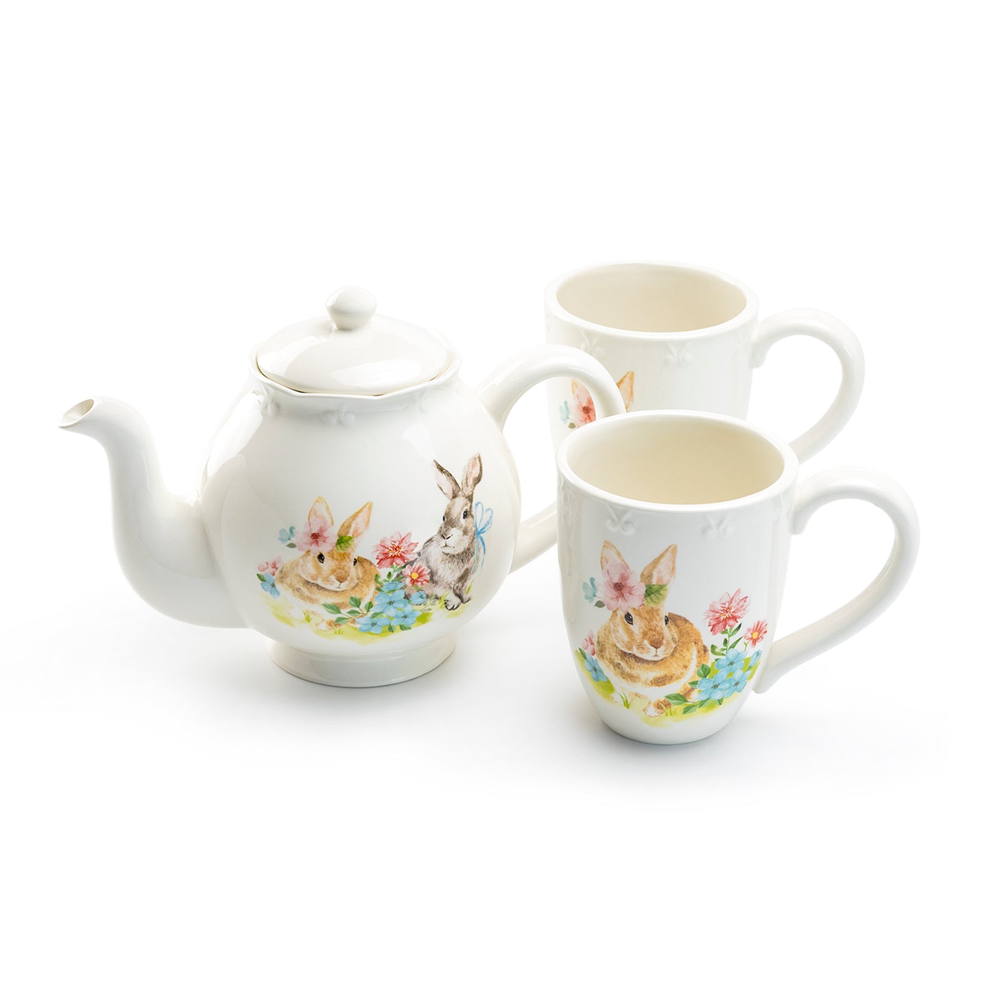 Grace Teaware Flower Bunny Scallop Teapot + Mug Set Easter Bunny Tea Set