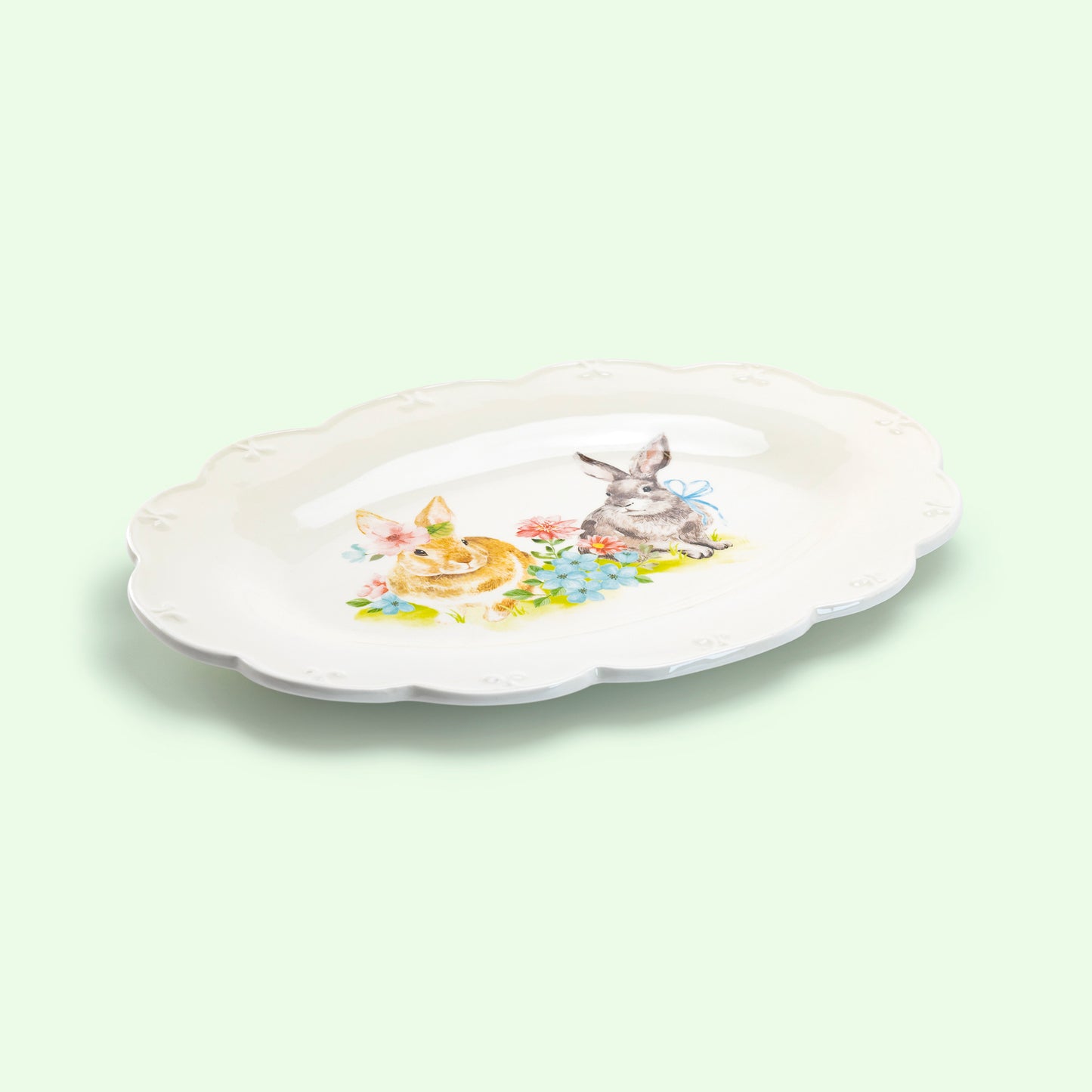 Grace Teaware Easter Spring Serving Plate  Flower Bunny Scallop Oval Serving Platter Easter Bunny Plate