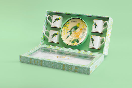 Tropical Parrot 2.5oz Espresso Cups and Saucers with Gift Box