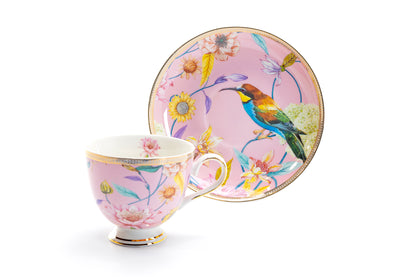 Grace Teaware Pink Spring Flowers with Hummingbird Fine Porcelain Tea Cup and Saucer