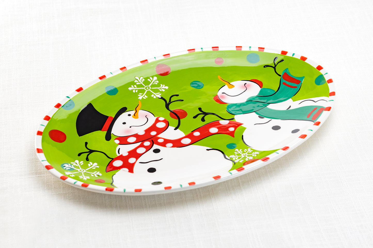Happy Snowmen Oval Platter Holiday Christmas Large Ceramic Serving Platter