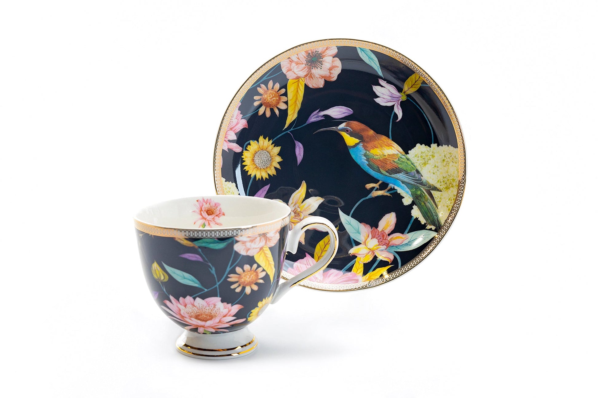 Grace Teaware Black Spring Flowers with Hummingbird Fine Porcelain Tea Cup and Saucer