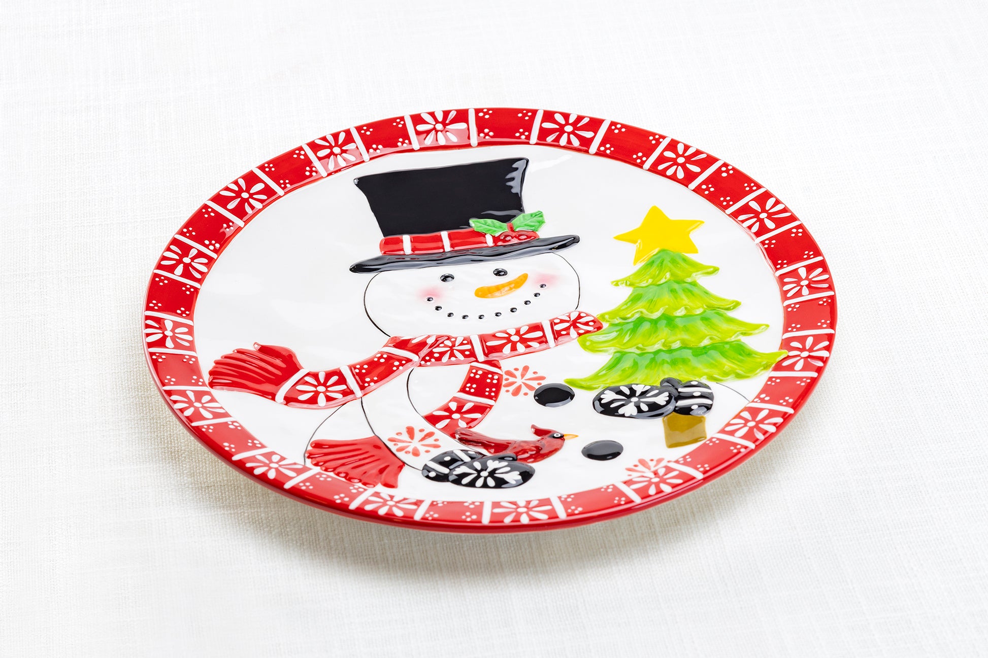 Gracie China Shop Holiday Snowman Christmas Tree Cardinal 10" Large Ceramic Platter