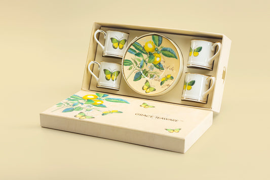 Lemon Butterfly 2.5oz Espresso Cups and Saucers with Gift Box