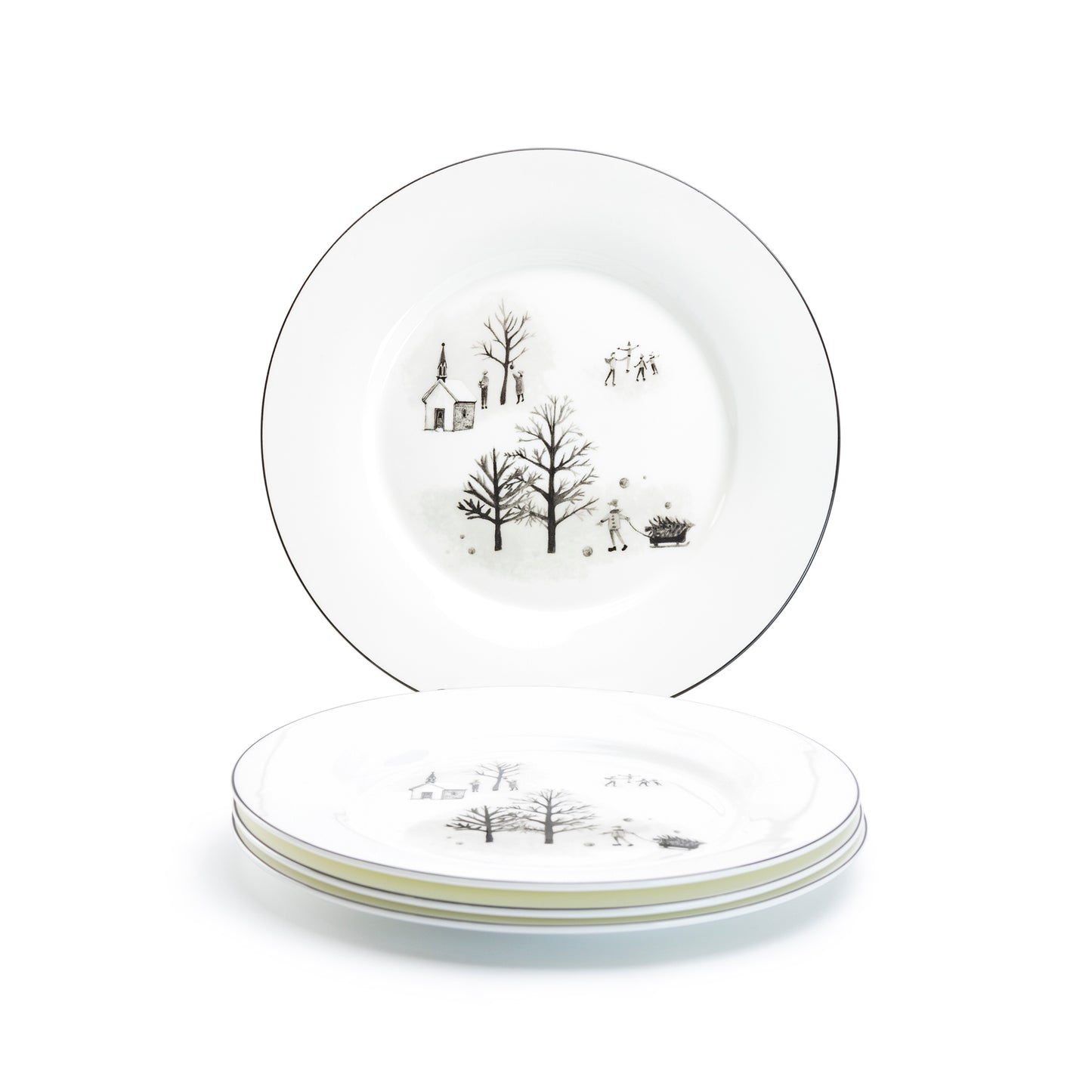 Stechol Gracie Bone China 7.5" Winter Wonderland Snow Village Bone China Dessert Plate Set