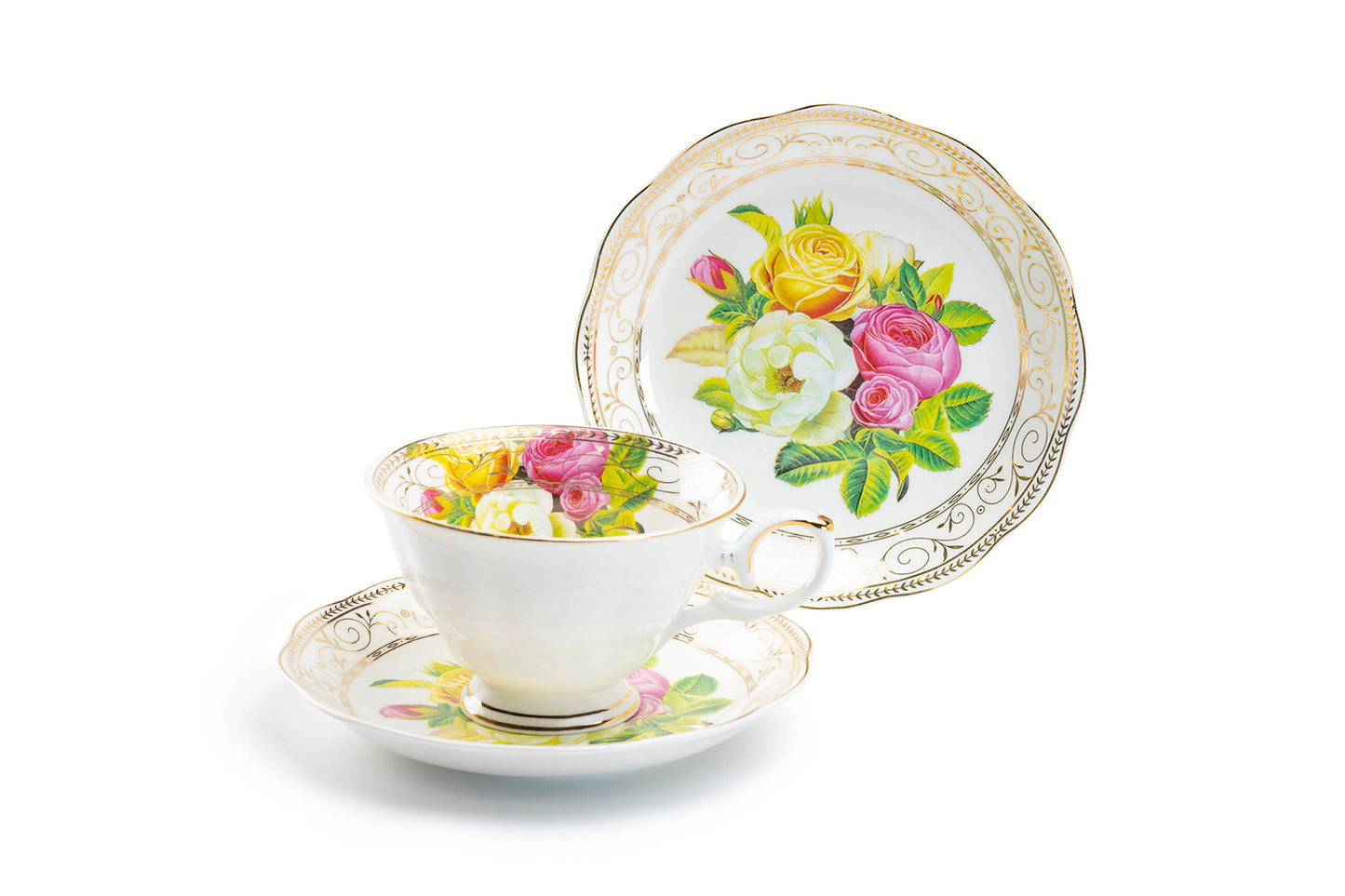 Rose Bouquet Assorted Colors Fine Porcelain Tea Cup and Saucer Set of 4