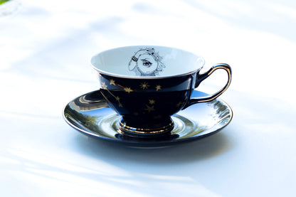 Grace Teaware Halloween Witchy Crystal Ball Astrology Black Gold Tea Cup and Saucer