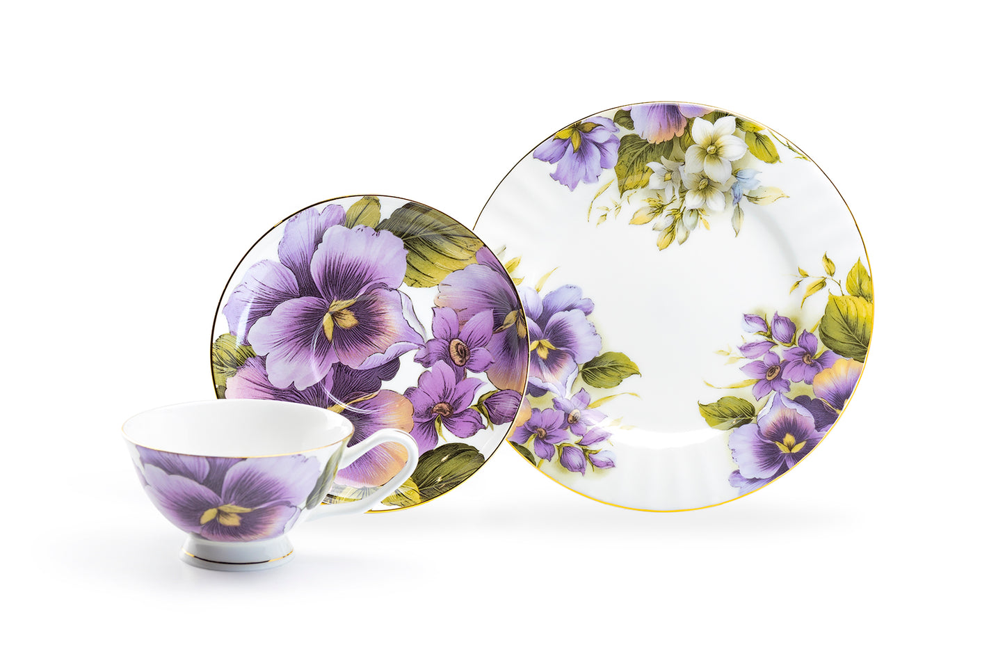 Purple Gold Pansy Bone China Tea Cup and Saucer
