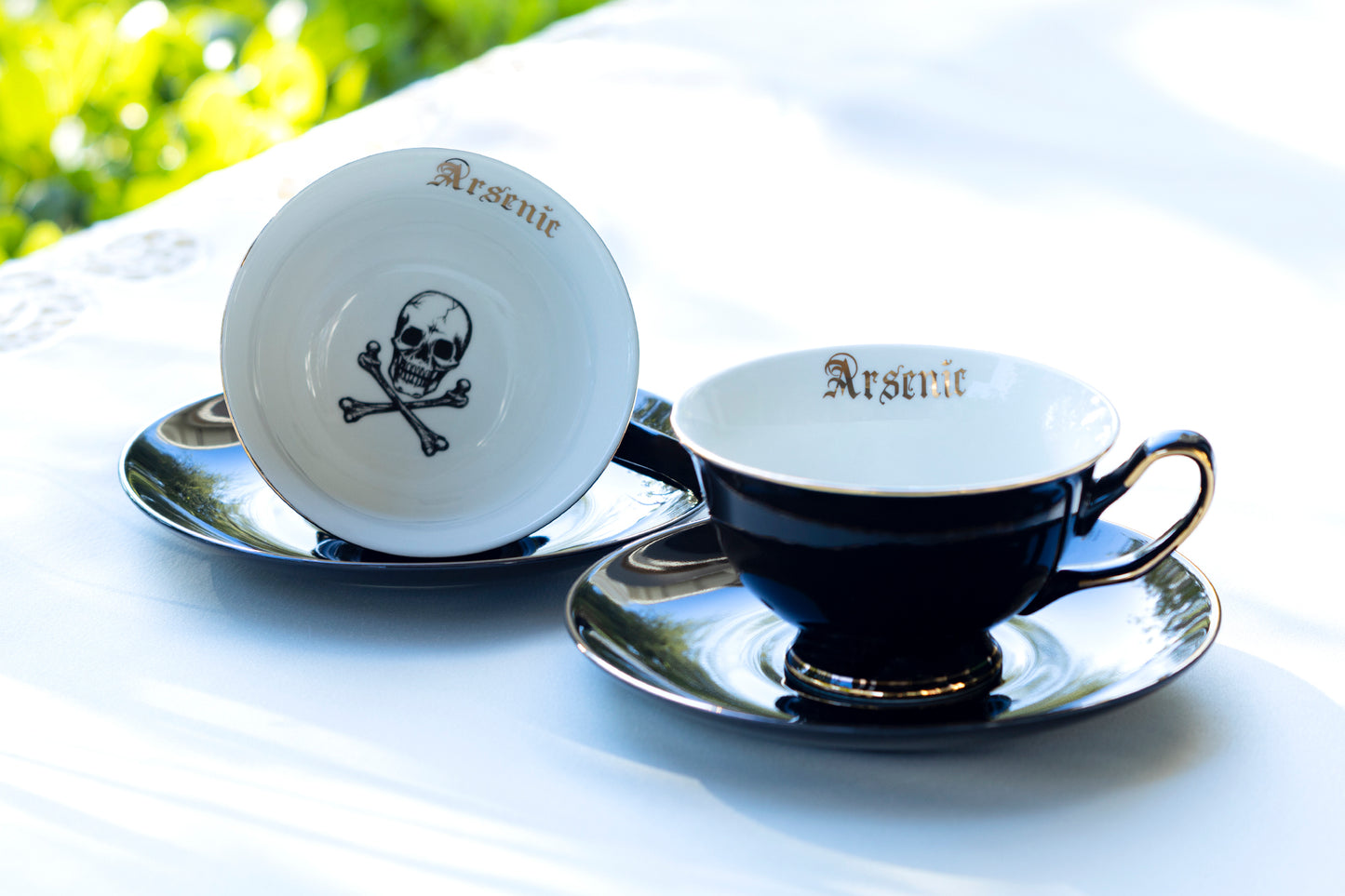 Grace Teaware Halloween Arsenic Skull Black Gold Tea Cup and Saucer Set