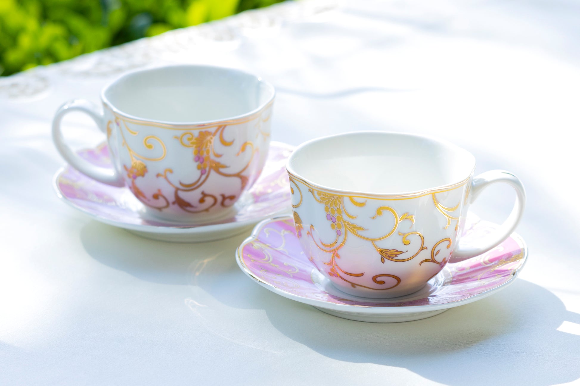 Grace Teaware Pink Gold Scroll Fine Porcelain Cup and Saucer Set of 2