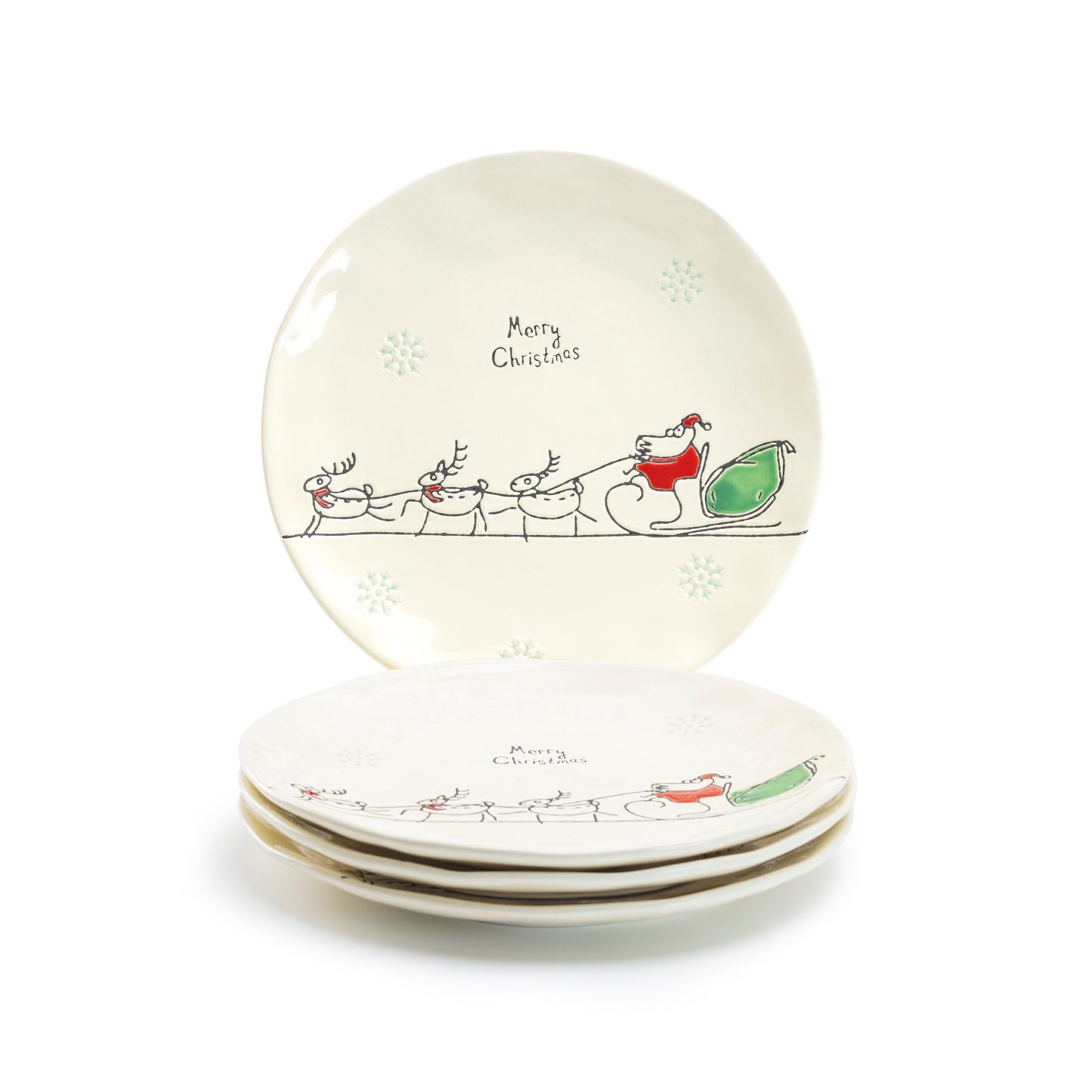 Potter's Studio 8" Organic Texture Merry Christmas Santa Sleight Salad / Dessert Plate Set of 4