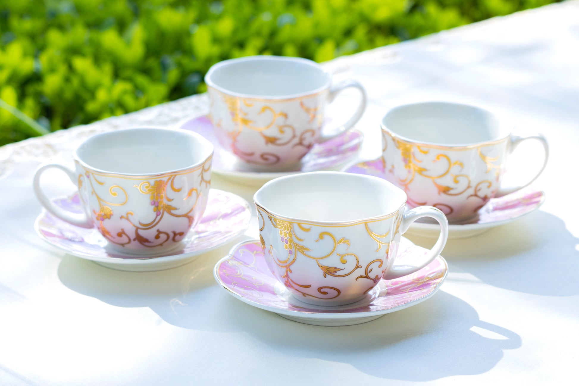 Grace Teaware Pink Gold Scroll Fine Porcelain Cup and Saucer Set of 4