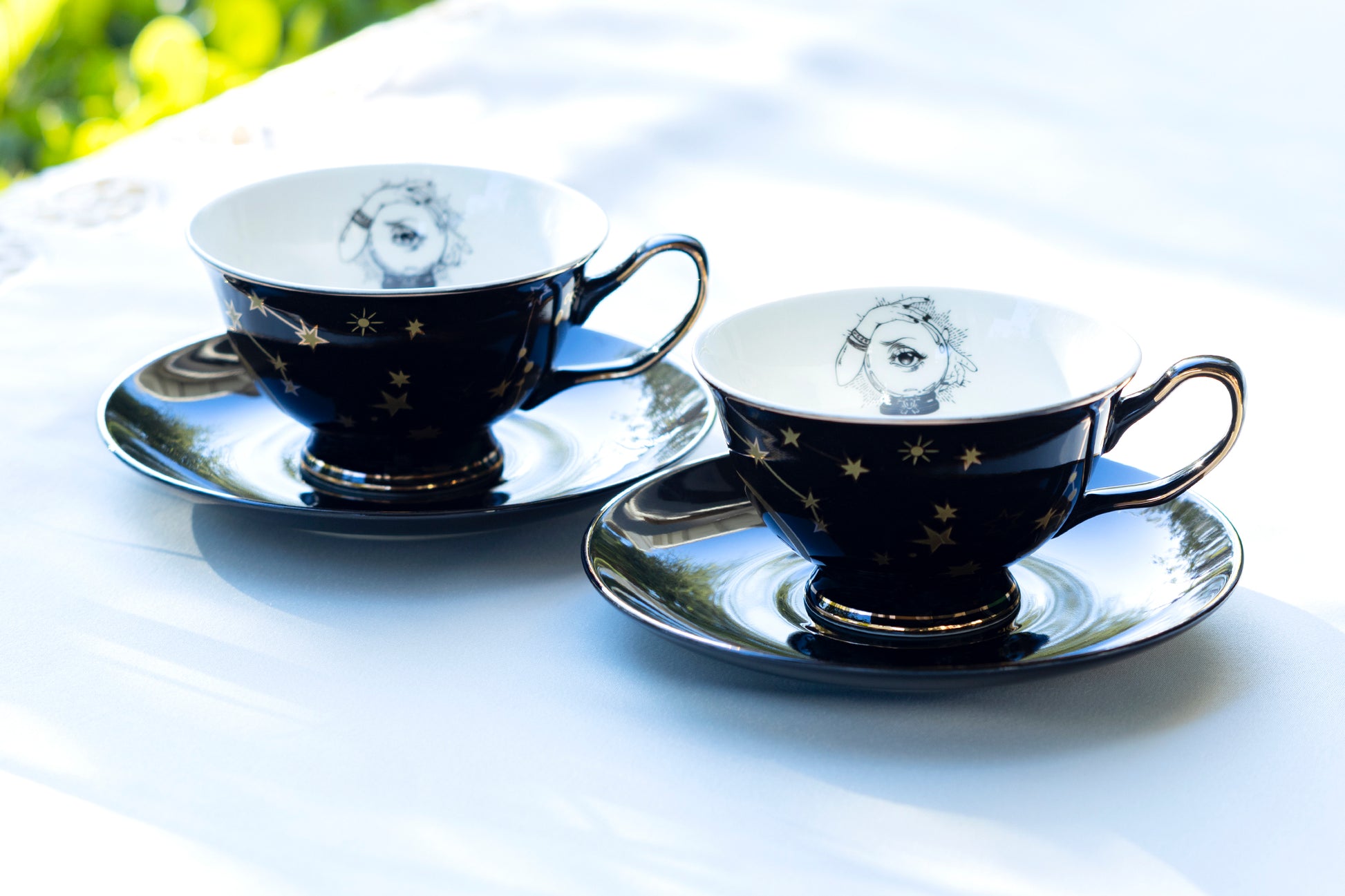 Grace Teaware Halloween Witchy Crystal Ball Astrology Black Gold Tea Cup and Saucer Set