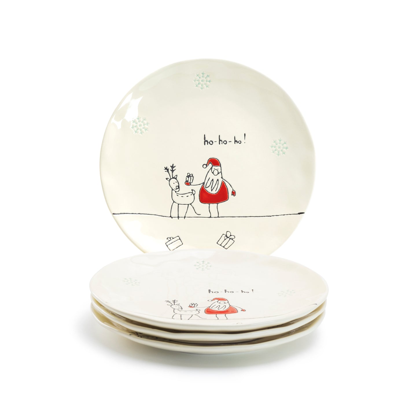 Potter's Studio 8" Organic Texture Santa Reindeer Ho Ho Ho Salad / Dessert Plate Set of 4