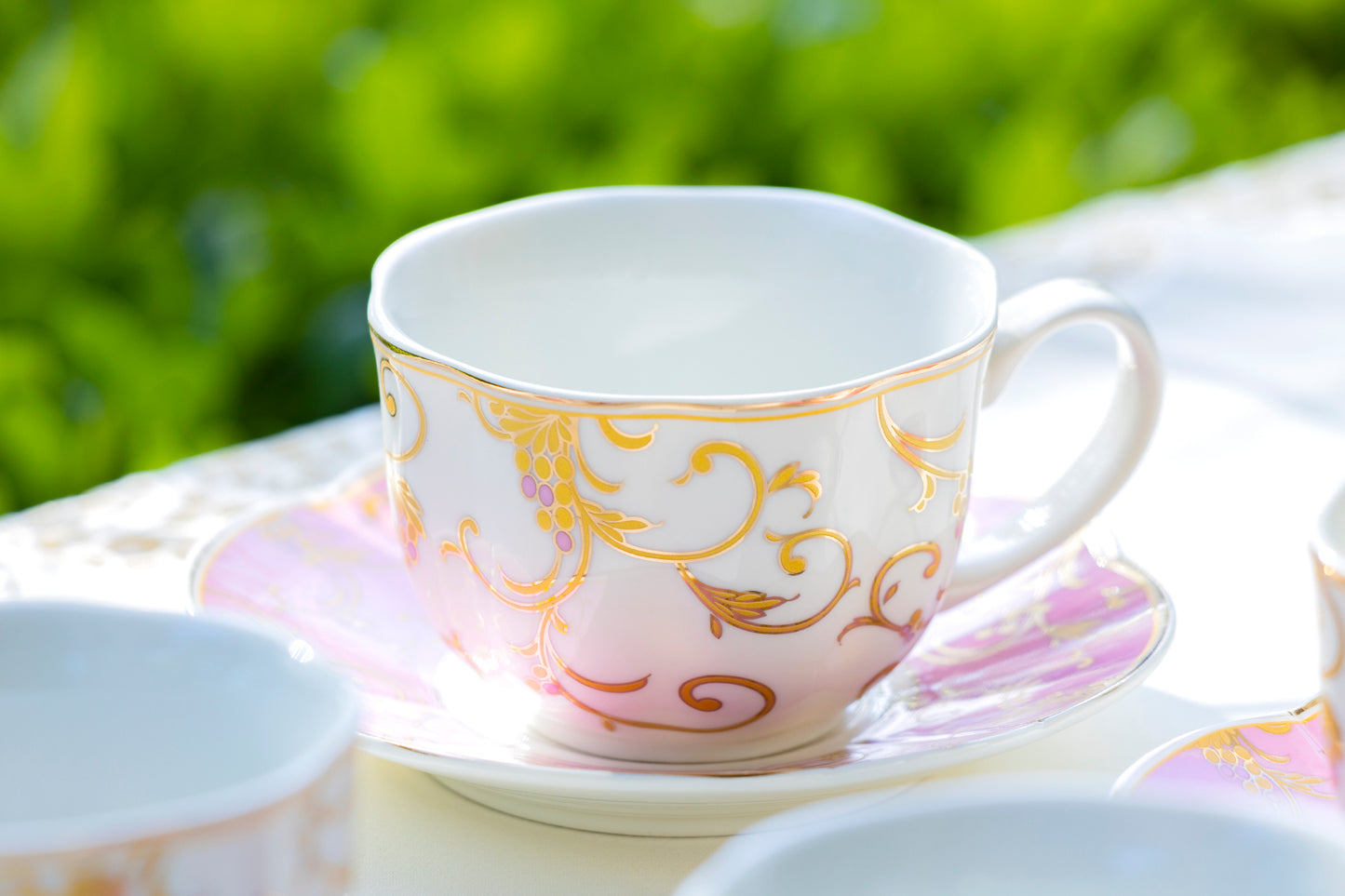 Pink Gold Scroll Fine Porcelain Cup and Saucer