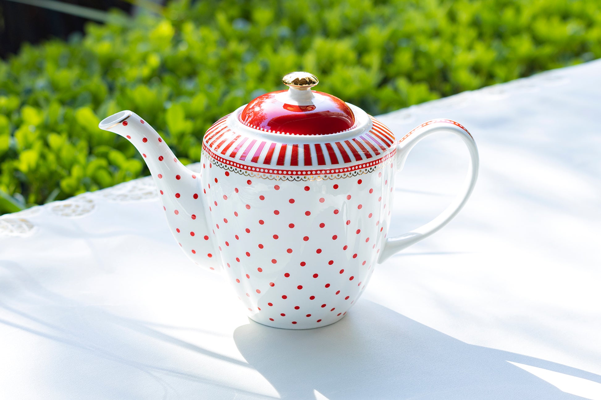 Grace Teaware Red Josephine Stripes and Dots Fine Porcelain Teapot