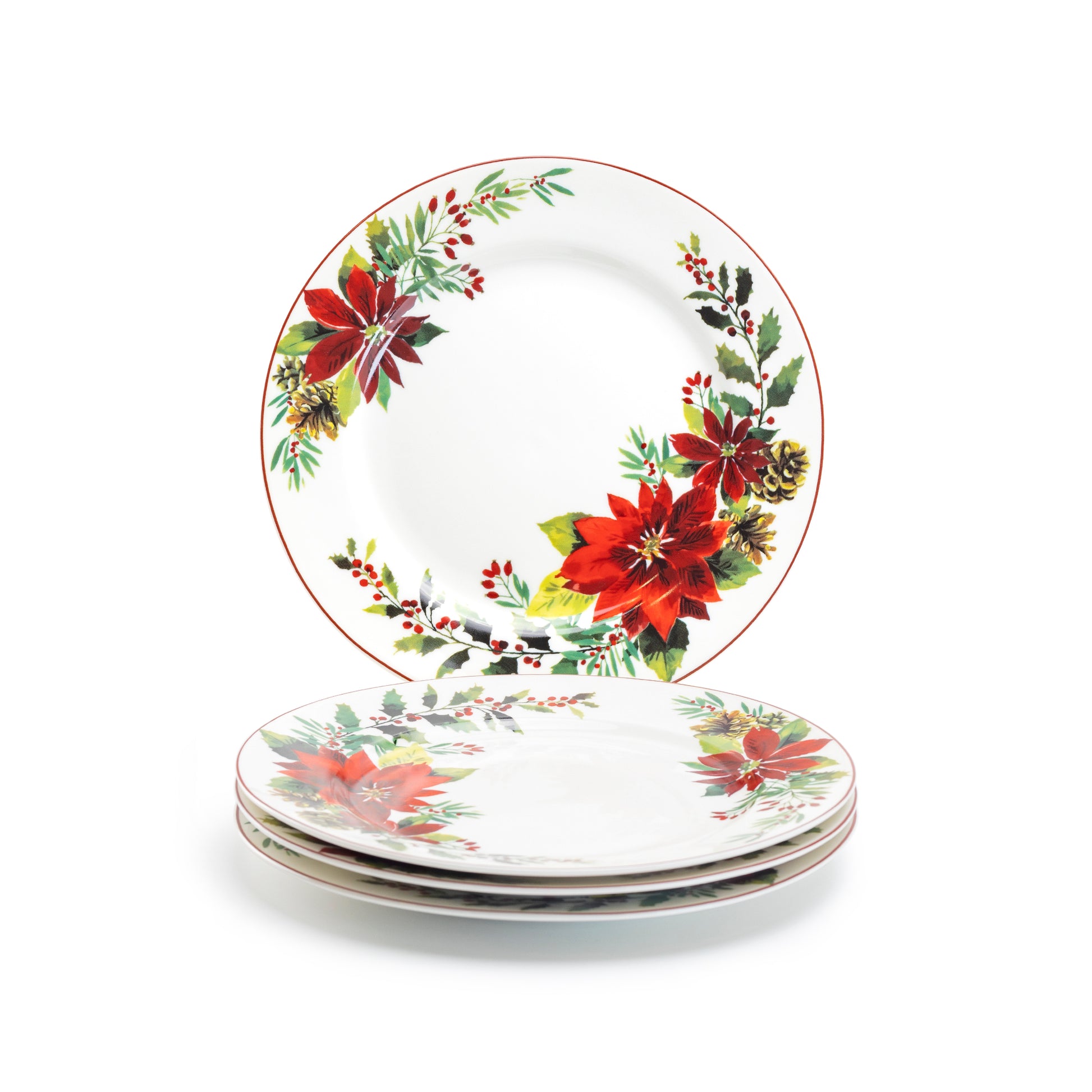 Grace Teaware 8" Poinsettia Pine Cone Fine Porcelain Dessert Plate Set of 4