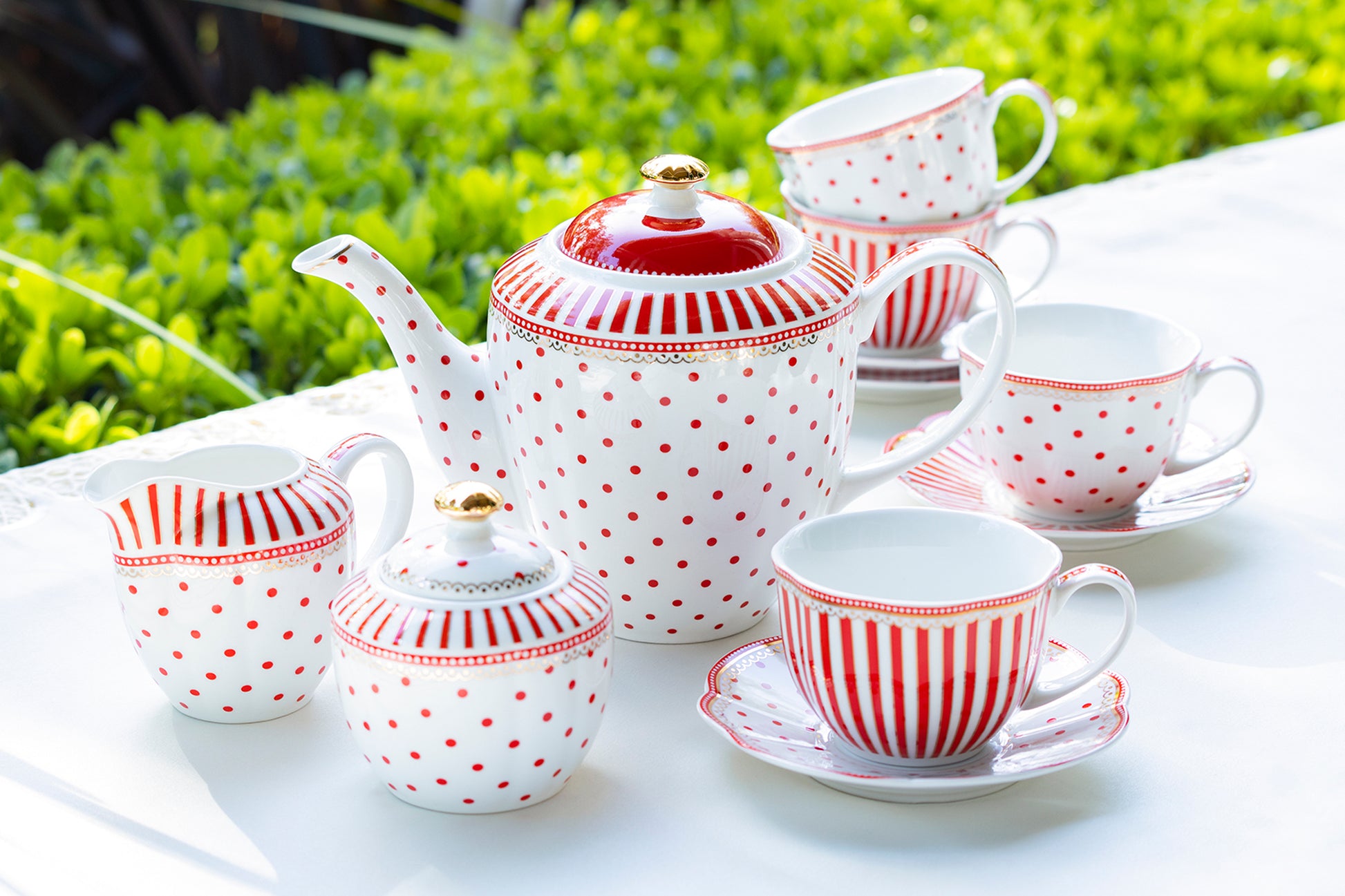 Grace Teaware Red Josephine Stripes and Dots Fine Porcelain 11-piece Tea Set