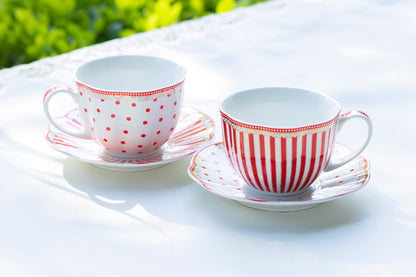 Grace Teaware Red Josephine Stripes and Dots Fine Porcelain Cup and Saucer Set of 2