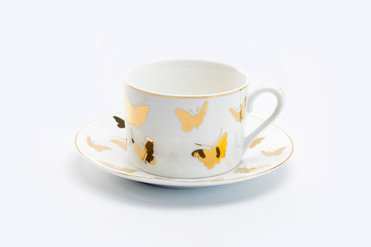 Gold Butterflies Fine Porcelain Tea Cup and Saucer