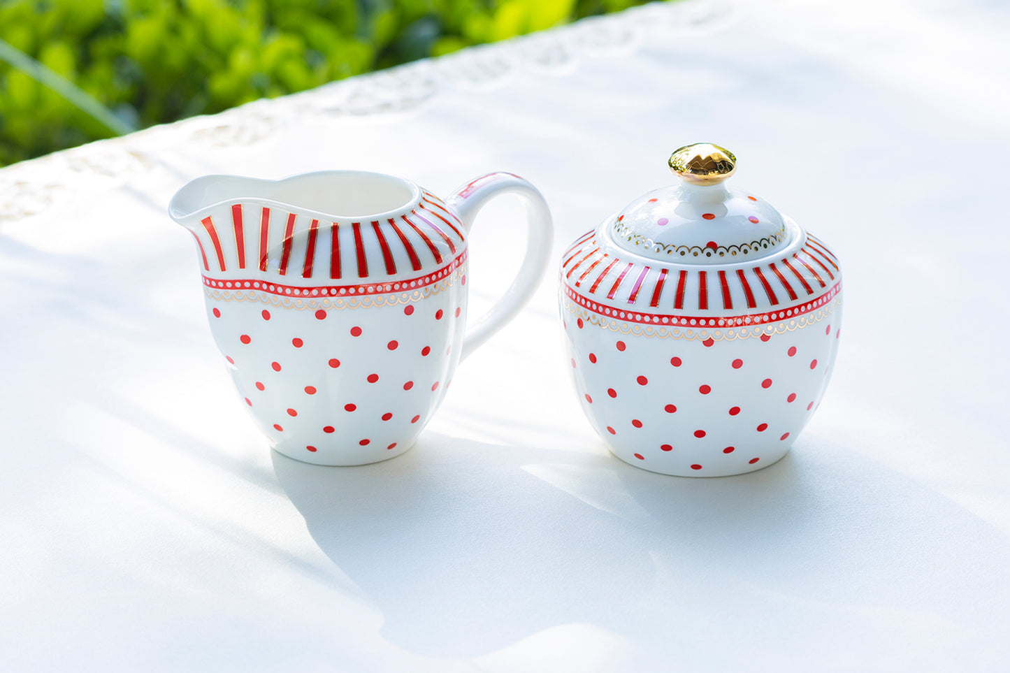 Grace Teaware Red Josephine Stripes and Dots Fine Porcelain Sugar and Creamer Set