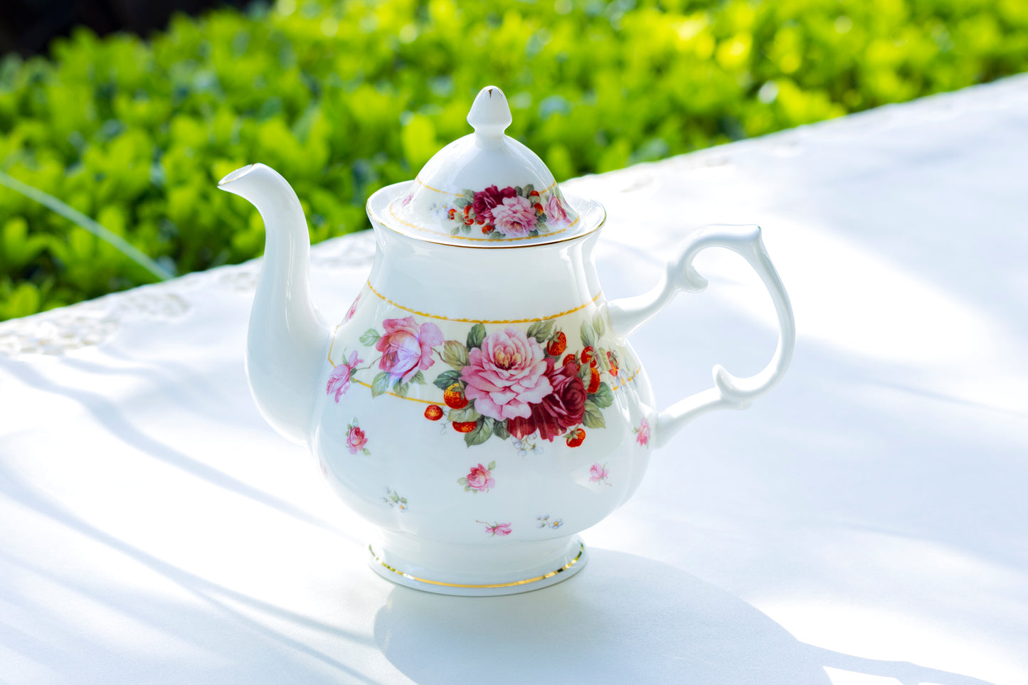 Stechcol Gracie Bone China Peony and Strawberry Cream Bone China Teapot