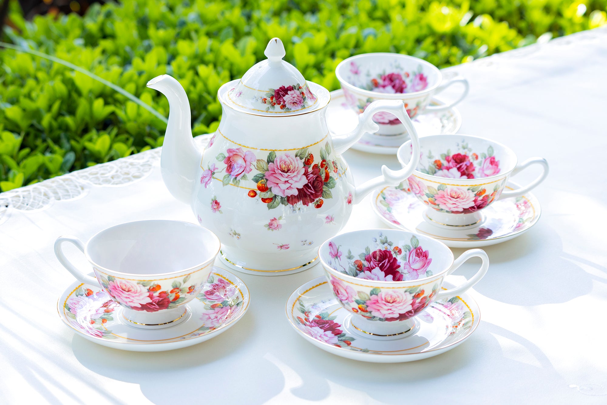 Peony and Strawberry Cream Bone China 9-Piece Tea Set