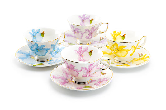 Grace Teaware Iris Floral Fine Porcelain Tea Cup and Saucer Set of 4