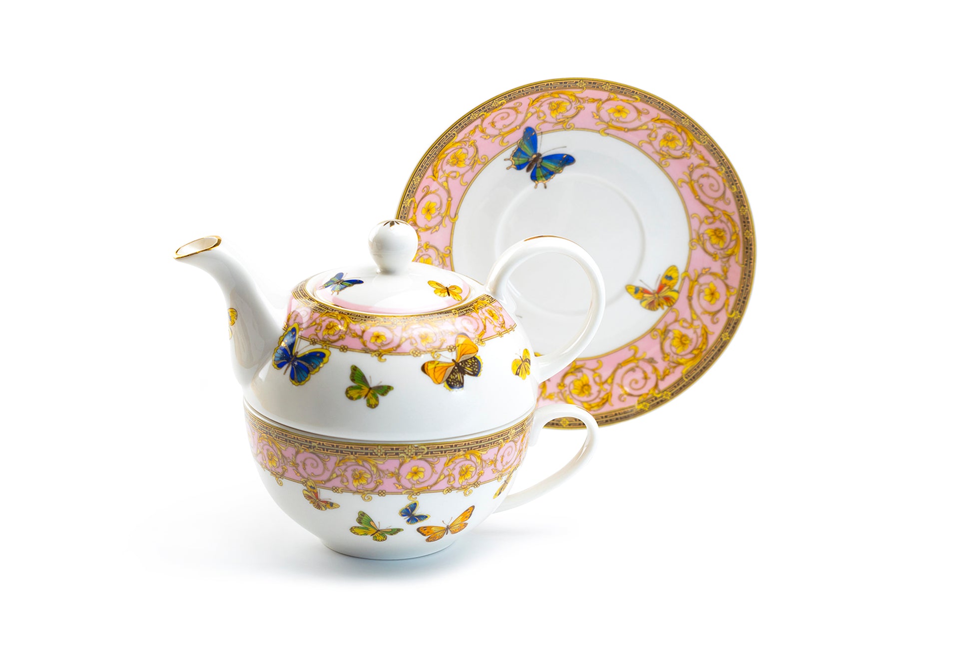 Grace Teaware Butterflies with Pink Ornament Fine Porcelain Tea For One Set
