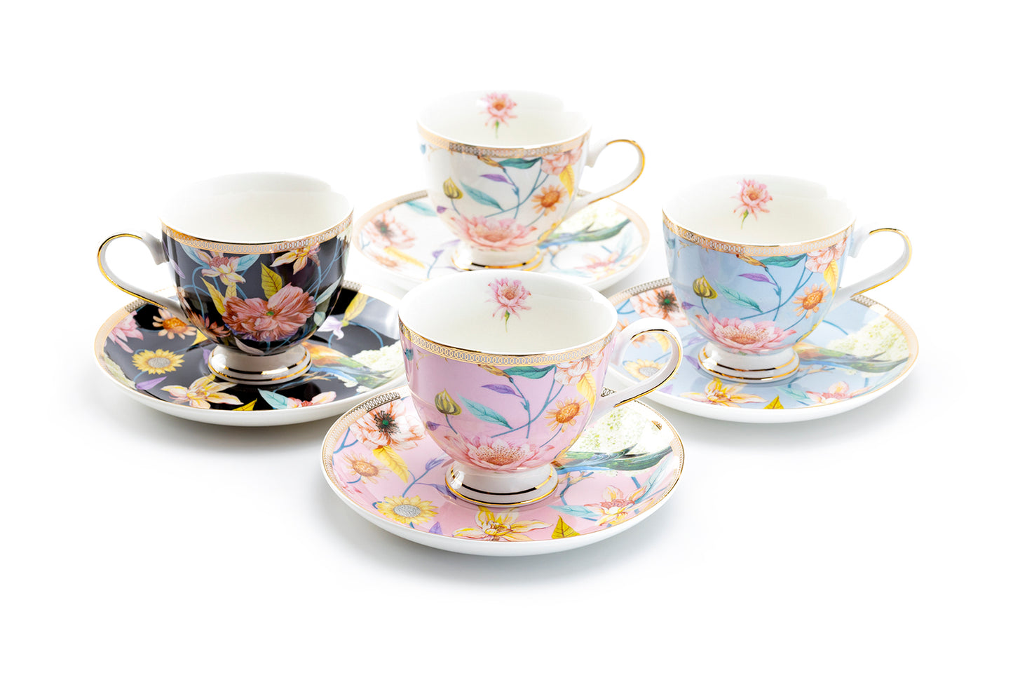 Gracie China Spring Flowers with Hummingbird Fine Porcelain Tea Cup and Saucer Set of 4